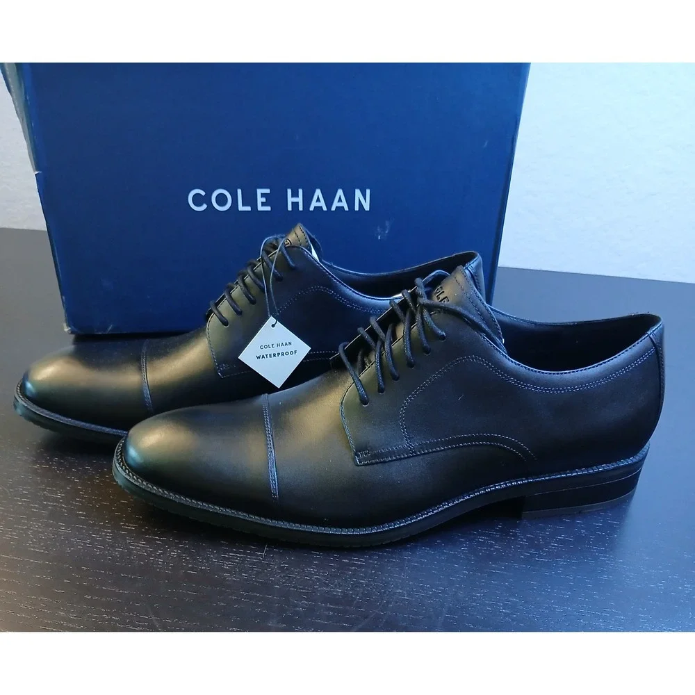 Cole Haan Mens ME Cap Oxford Black Waterproof Leather Dress Shoes C34136 Size 10